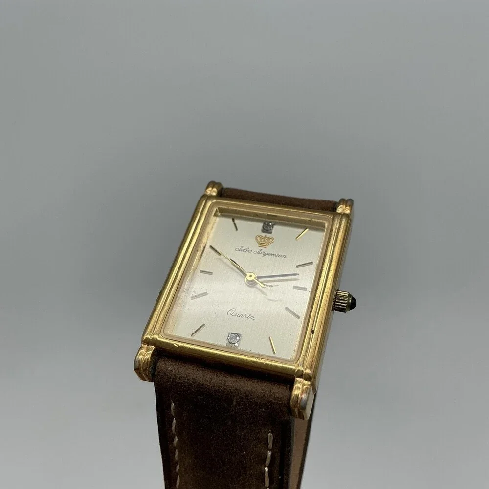 Jules Jurgensen 6741 Mens Watch 25mm Gold Tone Brown Leather New Battery